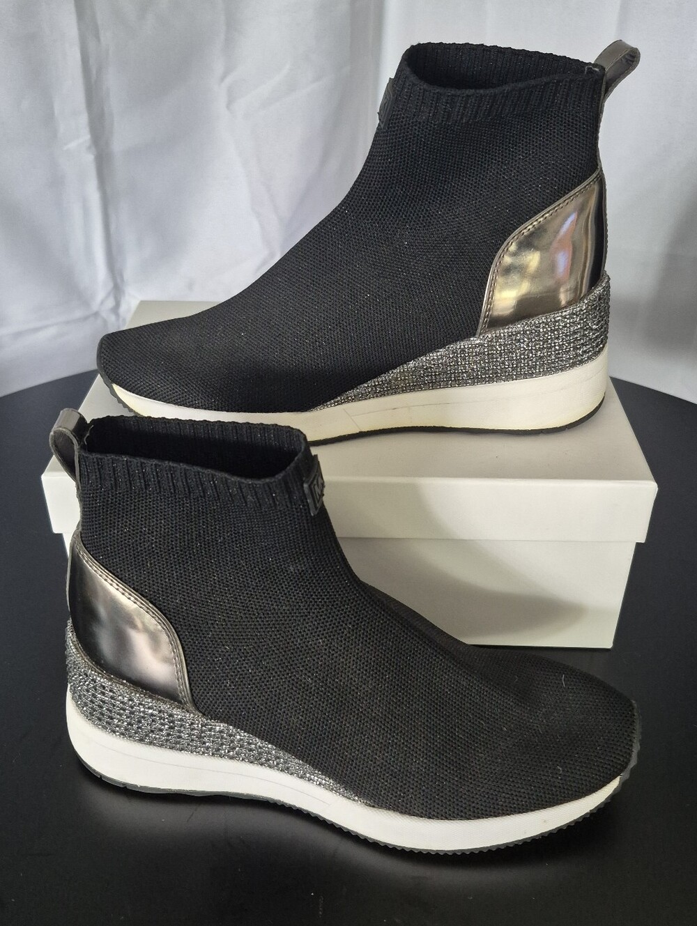 Michael Kors Sock Sneaker Wedge Boots Womens Sz 7.5 Black Silver Bling Glitter